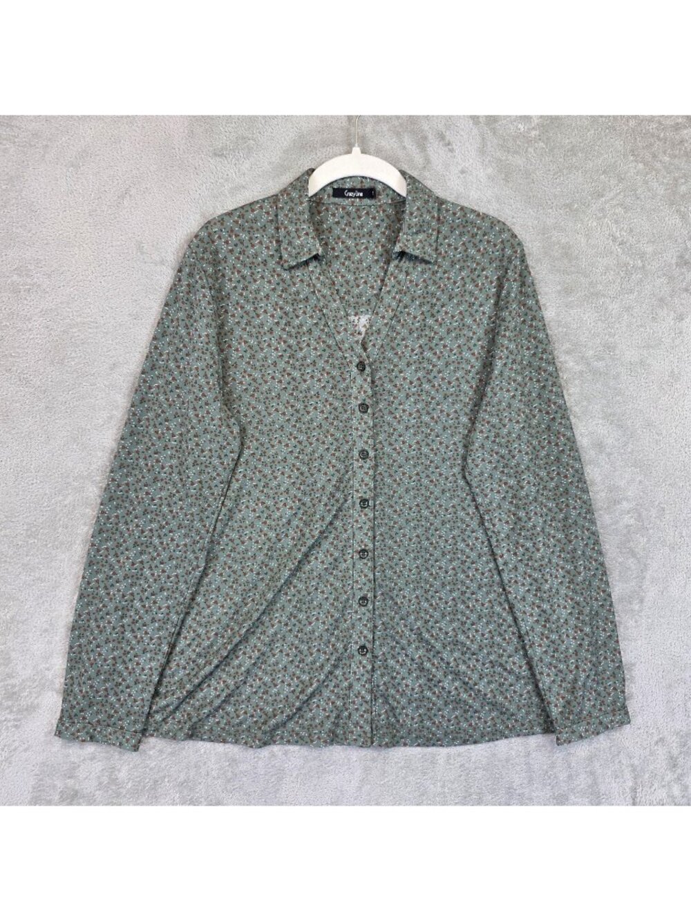 Crazy Line Button Up Shirt Womens L Green Collared Long Sleeve Floral Stretch